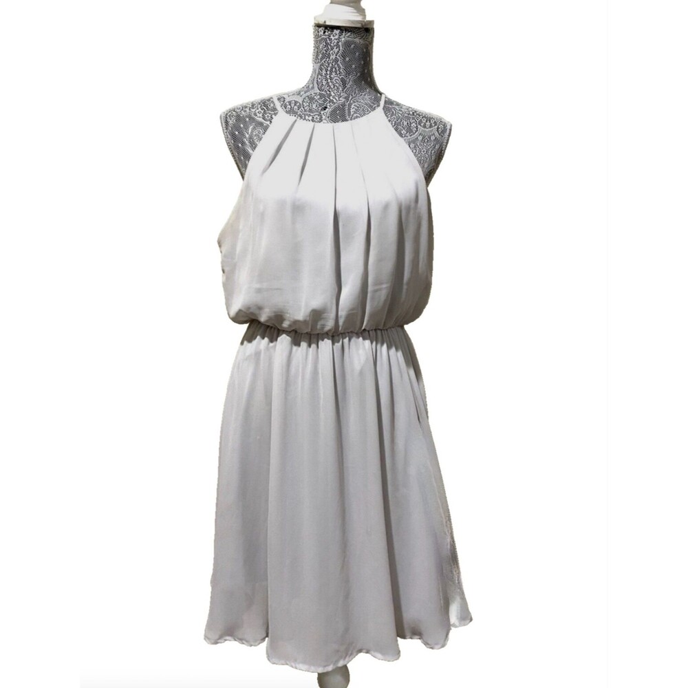 Lush Womens L Gray Chiffon Halter Mini Dress Pleated Blouson Party Cocktail Gown - Picture 15 of 16